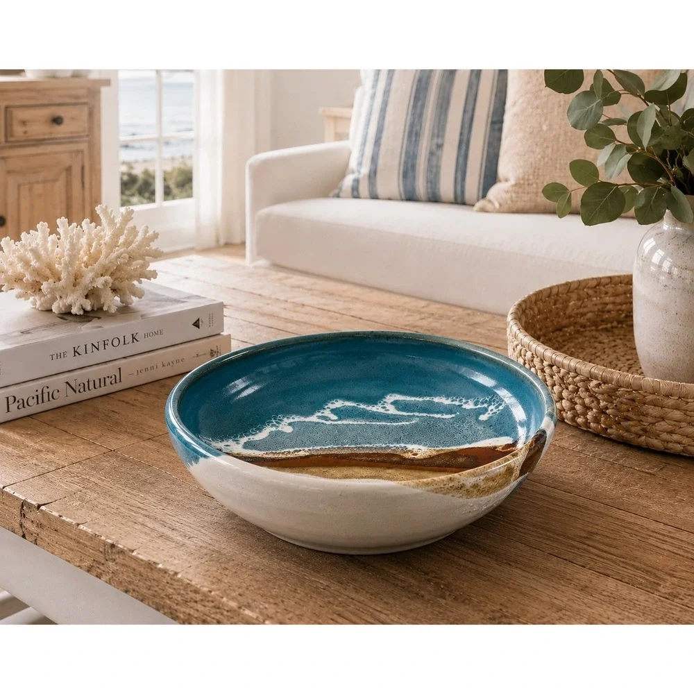 Modern Coastal Ocean Beach Art Decor Bowl Unique Handmade Pottery Abstract 10